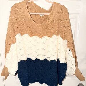 Chic Soul Tan, Cream, and Blue Sweater